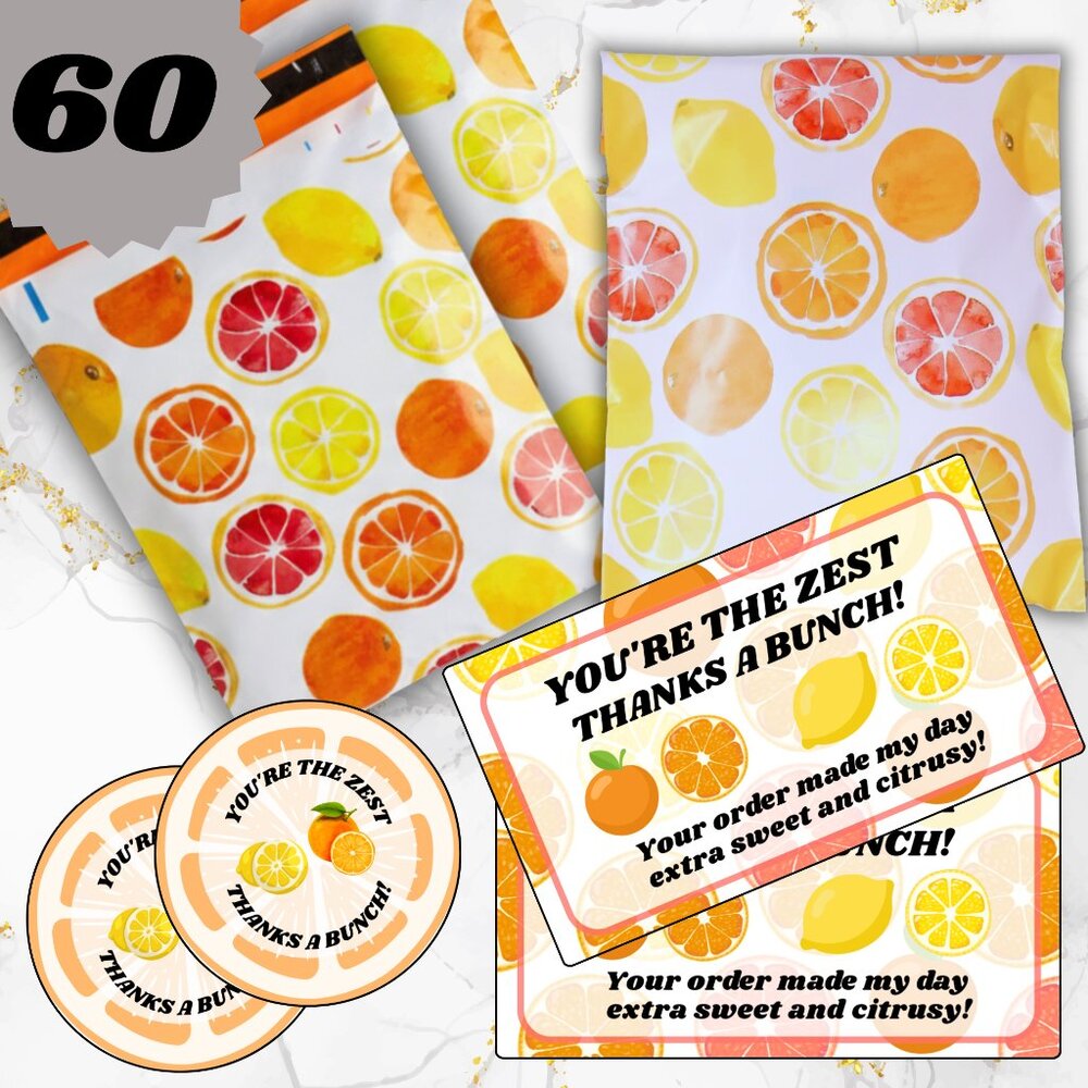 60 Pack 10x13” CITRUS POLYMAILERS & Thank you CARDS & STICKERS